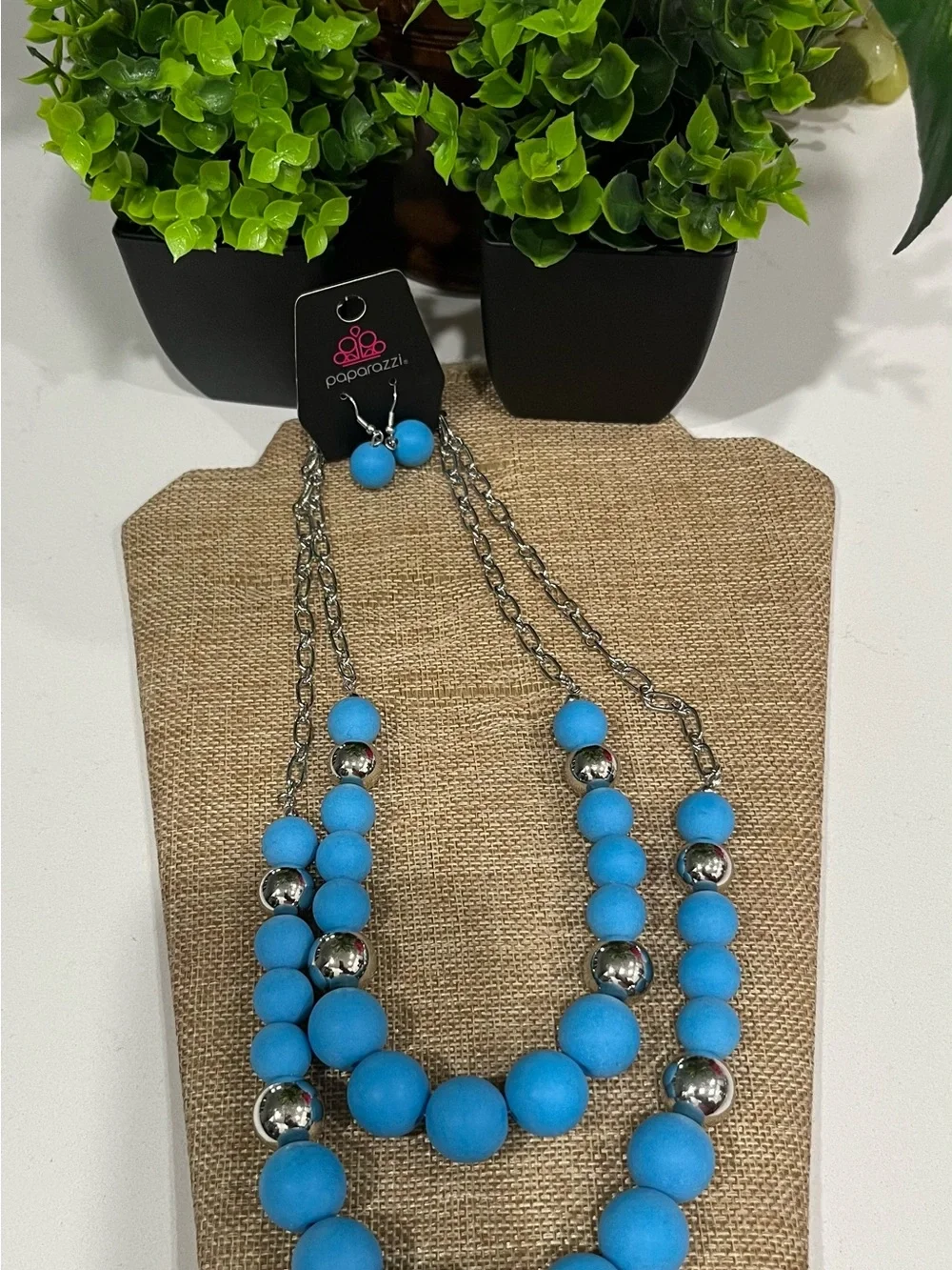 paparazzi Turquoise Blue Matte Beaded Double Strand Necklace with Silver Accents